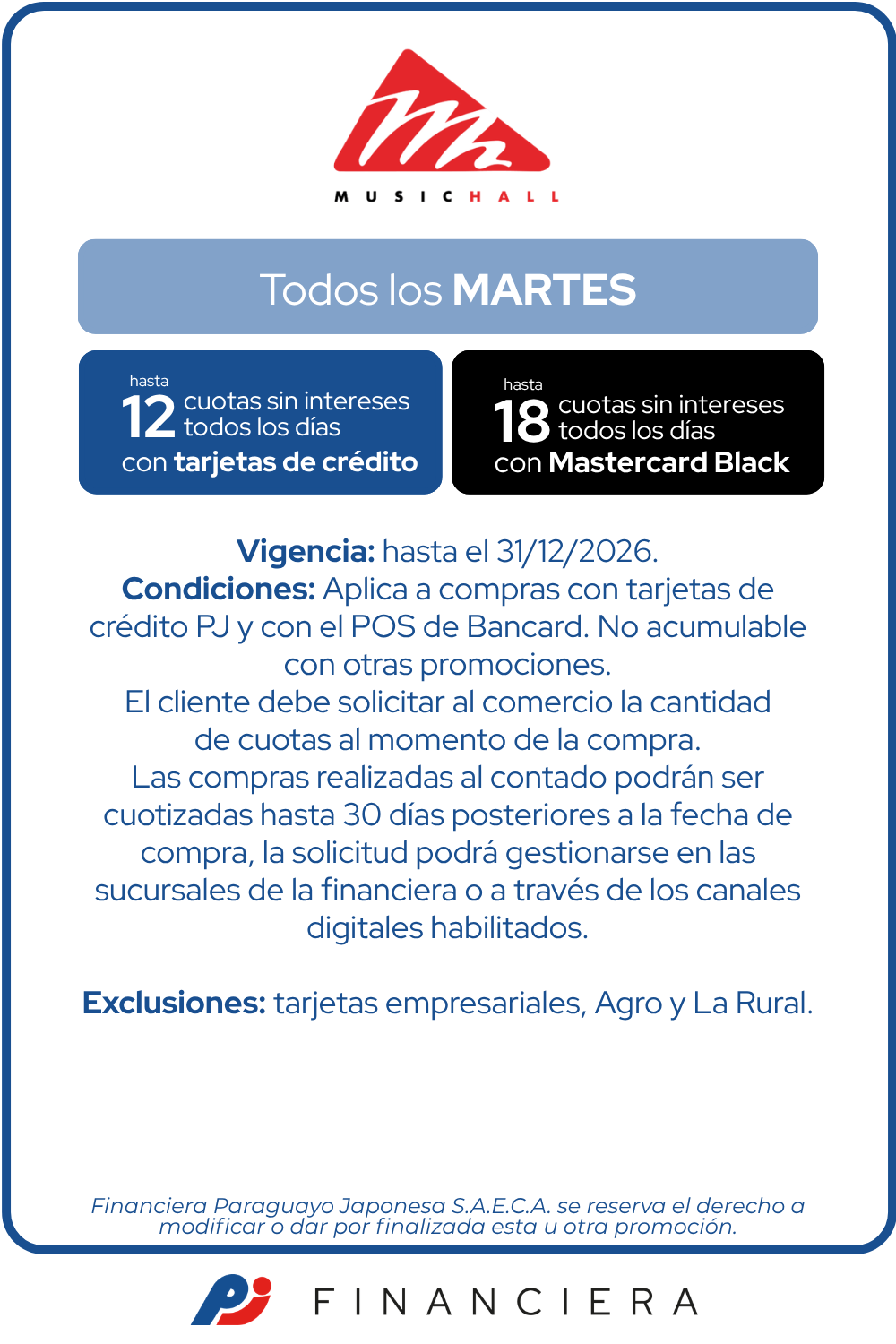 Music Hall martes de tiendas 20 reintegro 12 cuotas