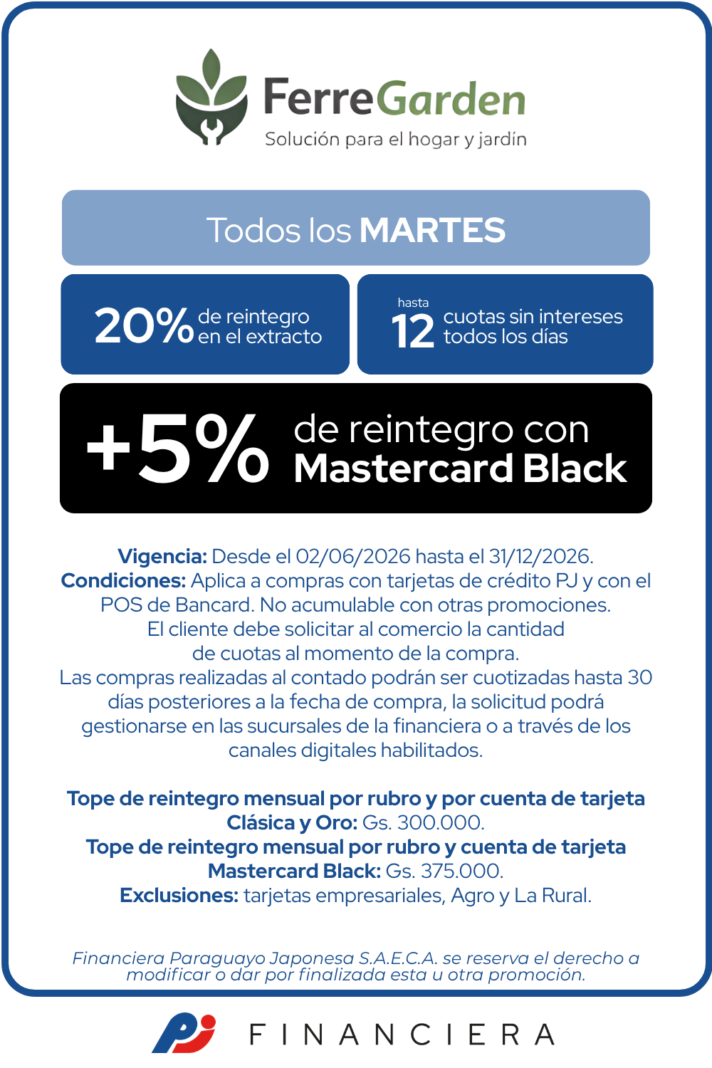 Ferregarden martes tiendas 20 de reintegro 12 cuotas