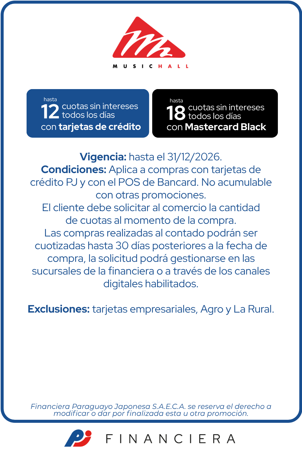 Music Hall martes de tiendas 20 reintegro 12 cuotas