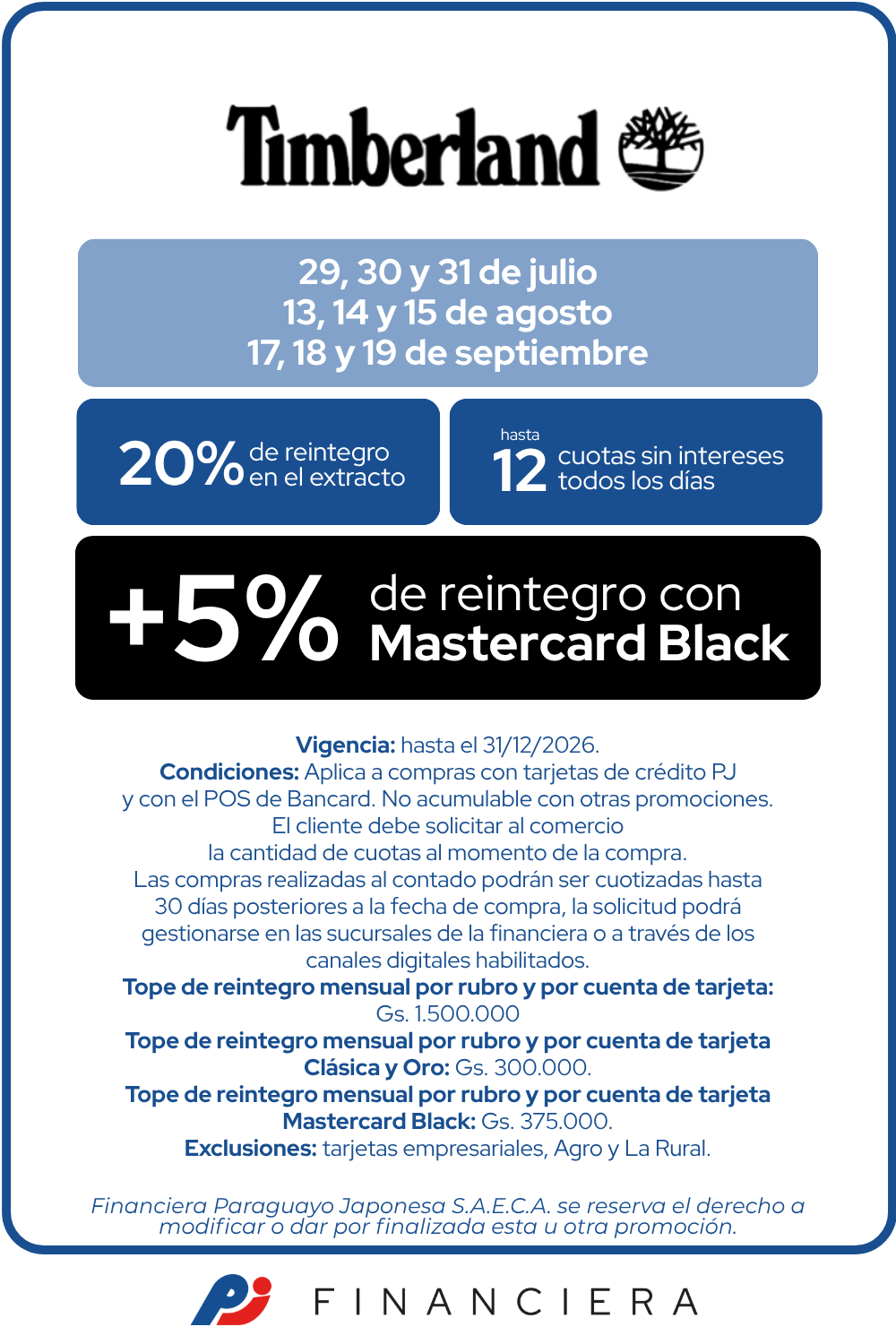 Timberland 20 de reintegro 12 cuotas sin intereses