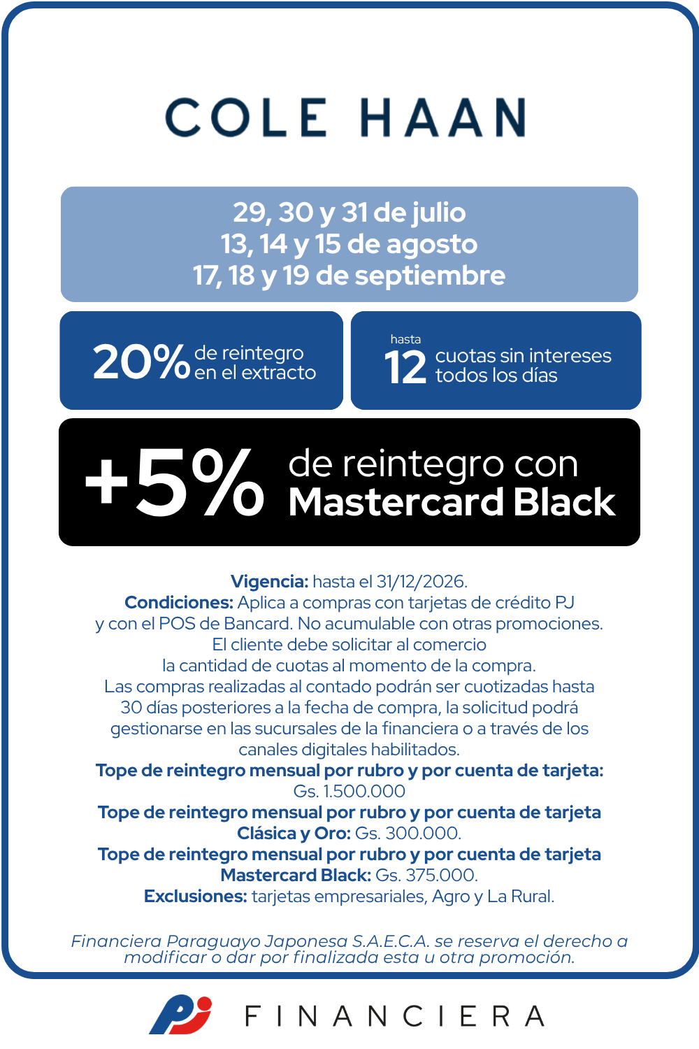 Cole Haan 20 de reintegro 12 cuotas sin intereses