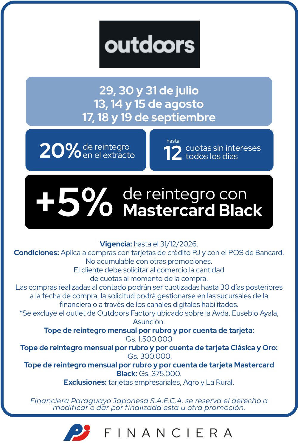 outdoors 20 de reintegro 12 cuotas sin intereses