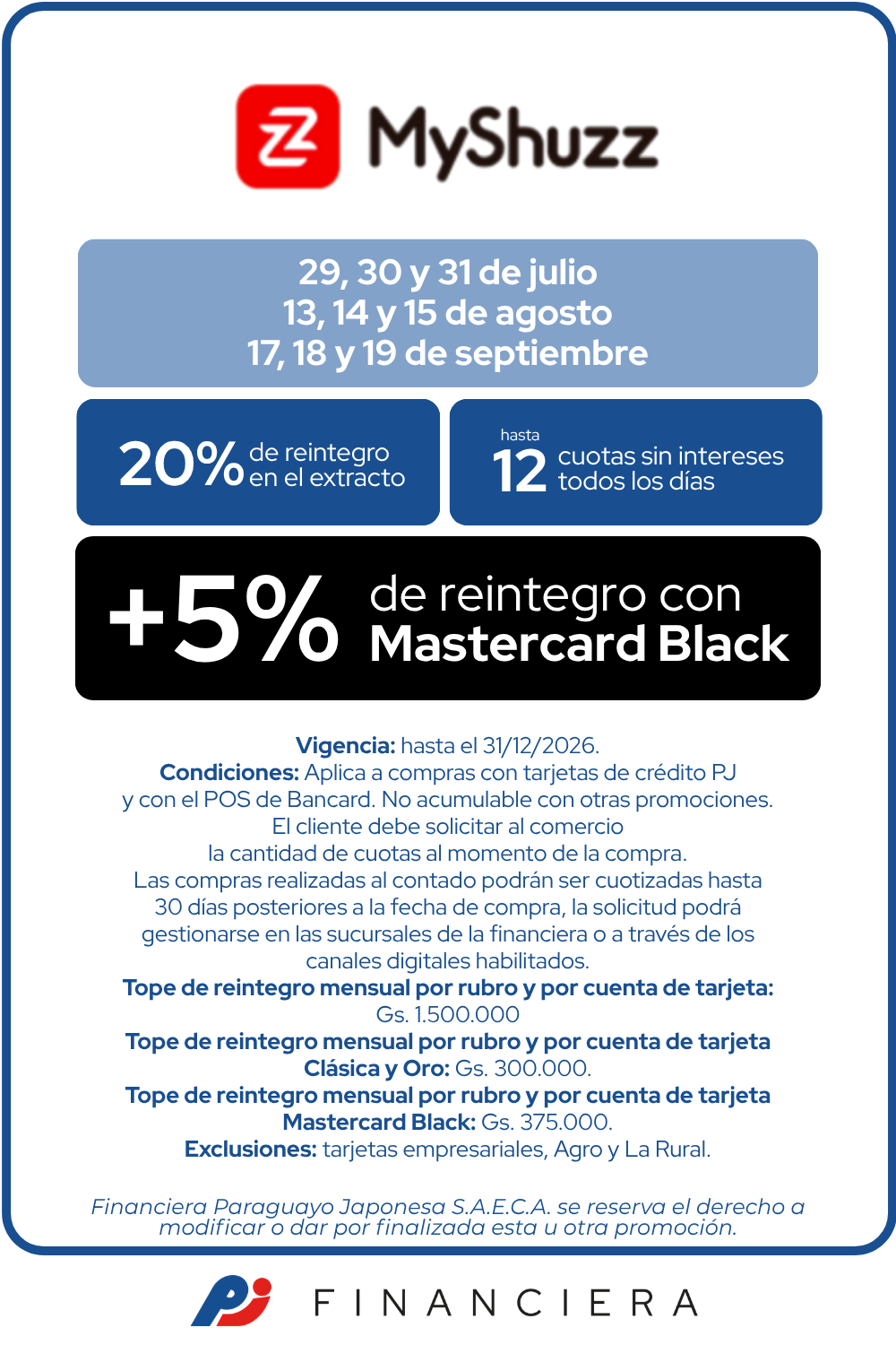 MyShuzz 20 de reintegro 12 cuotas sin intereses
